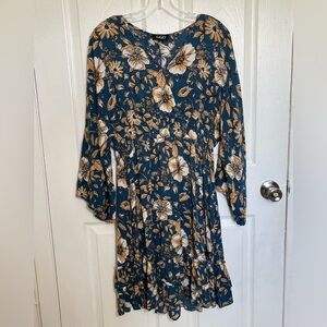 GIGIO Floral Teal Smocked Waist Boho Long Sleeve Knee Length Dress | Size Large